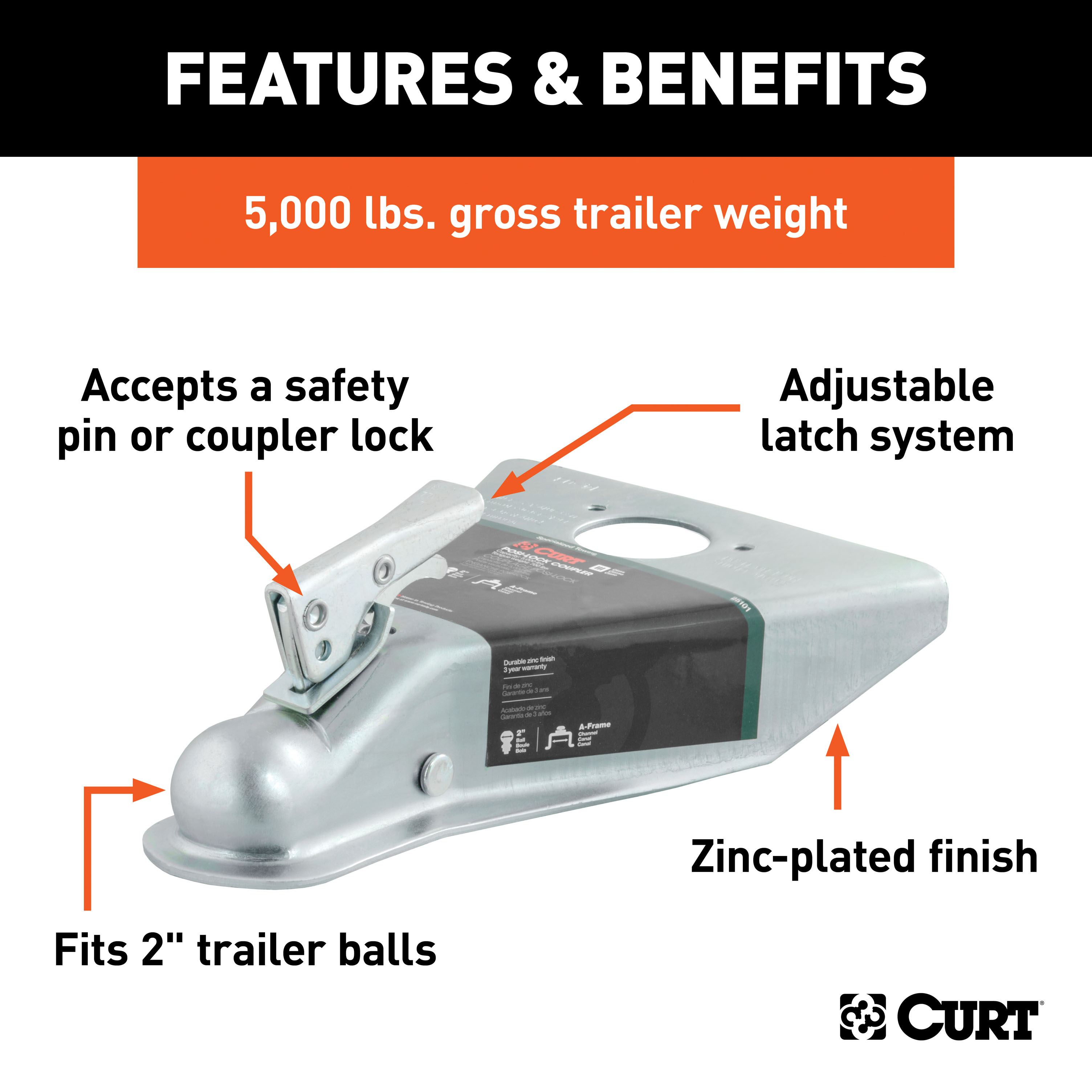 CURT 5,000 lbs 2" A-Frame Coupler with Posi-Lock Zinc Trailer Hitch Coupler thumbnail 1
