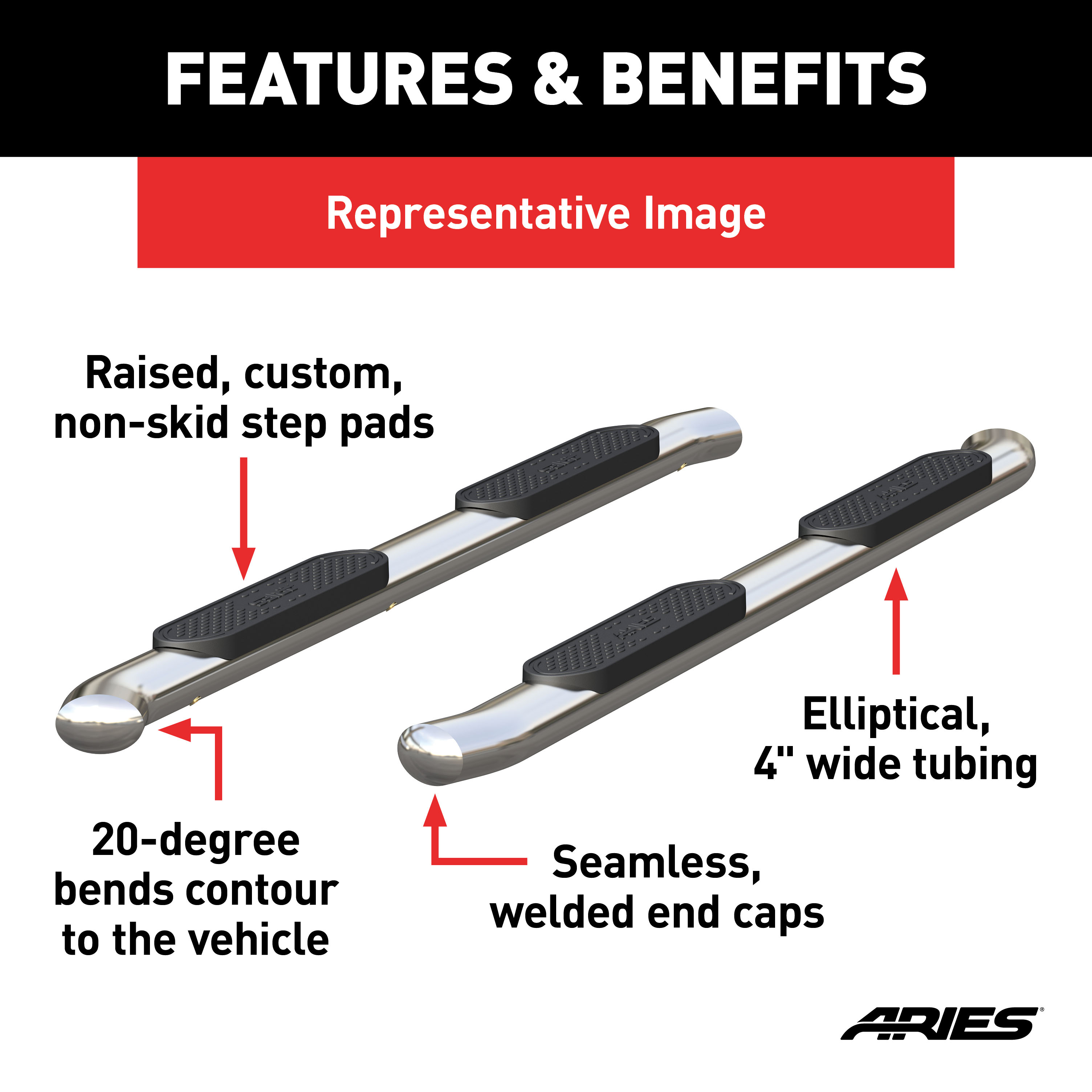 ARIES 4" Polished Stainless Oval Side Bars, Select Ford F150, F250, F350, F450, F550 Step Nerf Bar Kit thumbnail 3