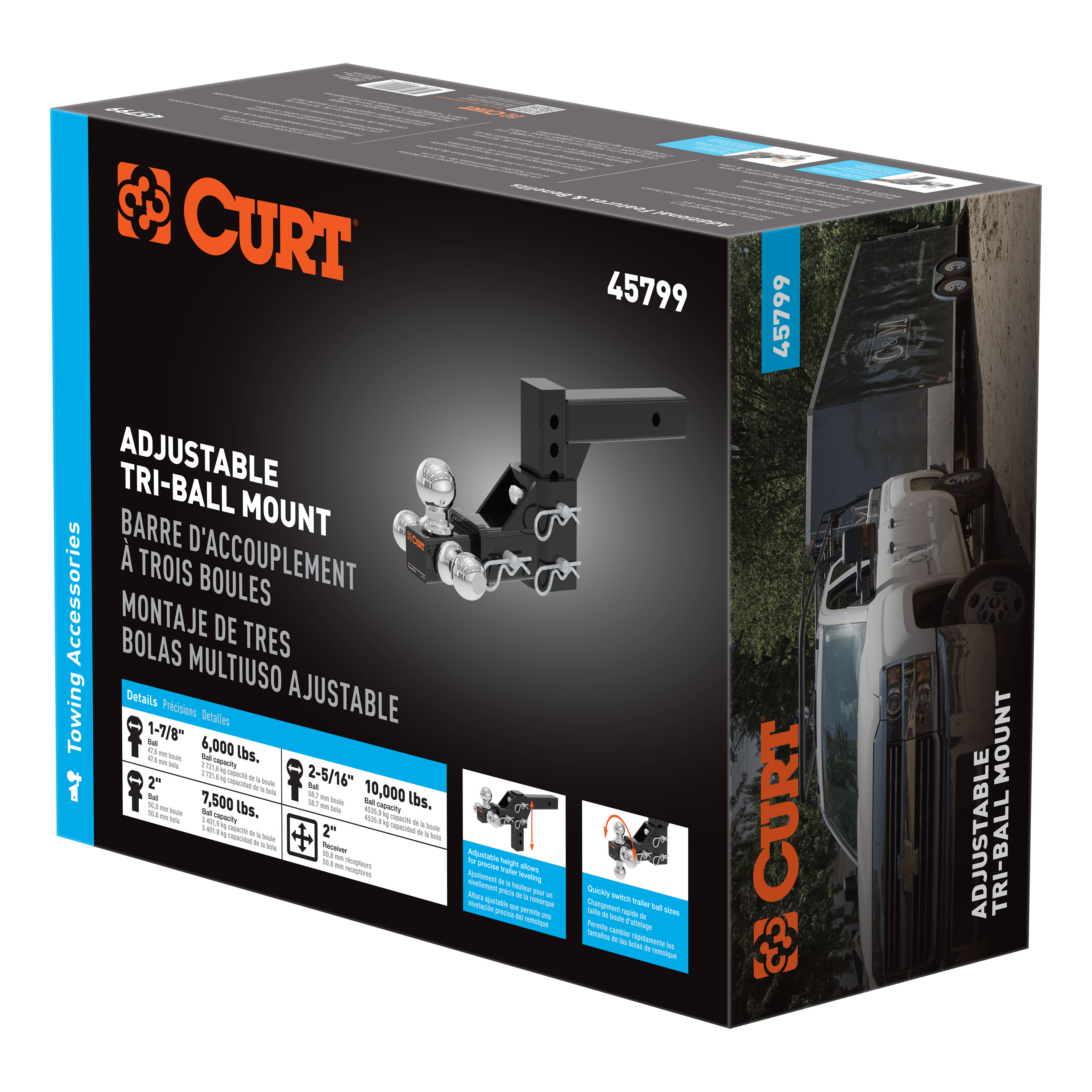 CURT Heavy-Duty 2" Adjustable Tri-Ball Mount & Channel Lock Set - 2-Piece Complete Bundle Kit thumbnail 2