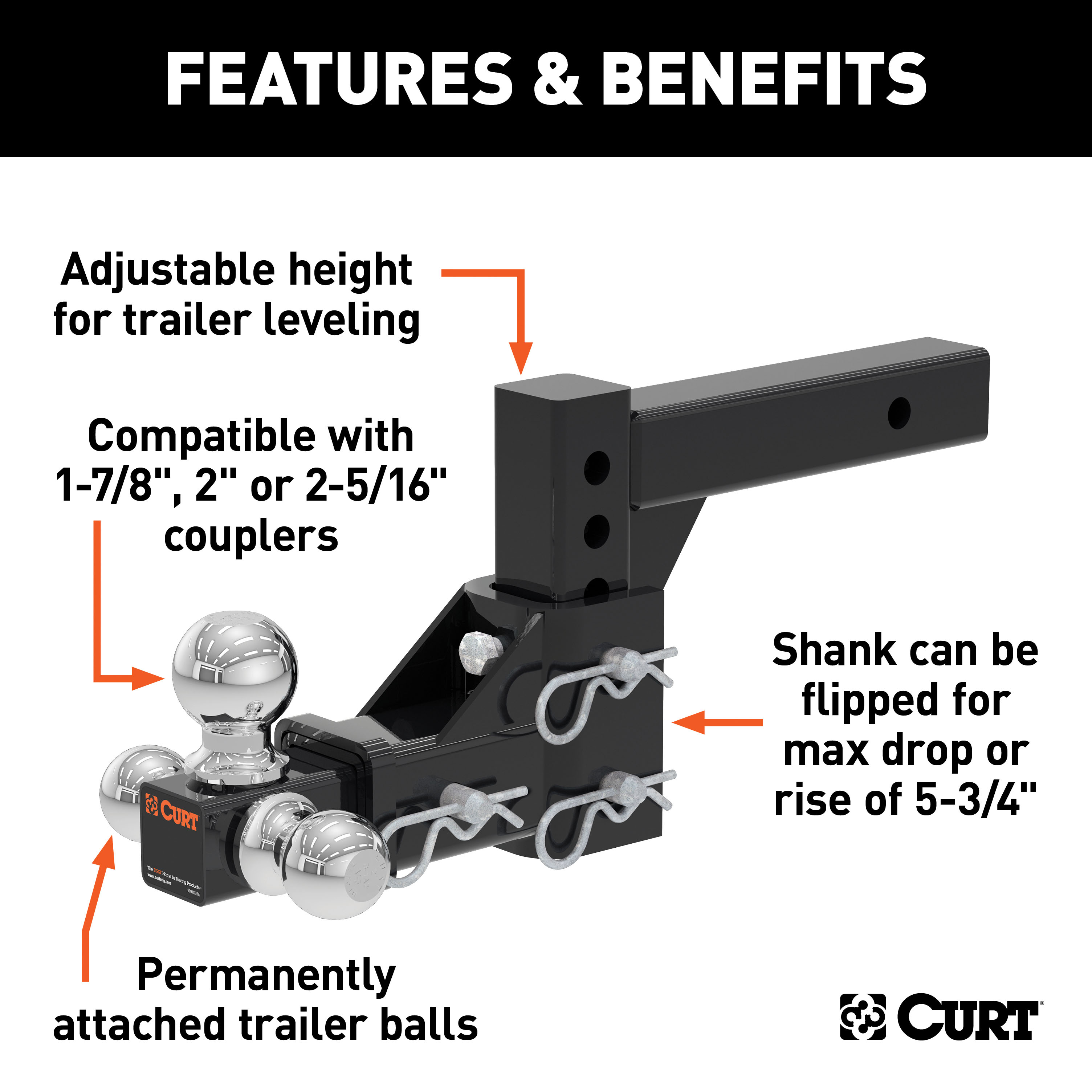CURT Heavy-Duty 2" Adjustable Tri-Ball Mount & Channel Lock Set - 2-Piece Complete Bundle Kit thumbnail 3