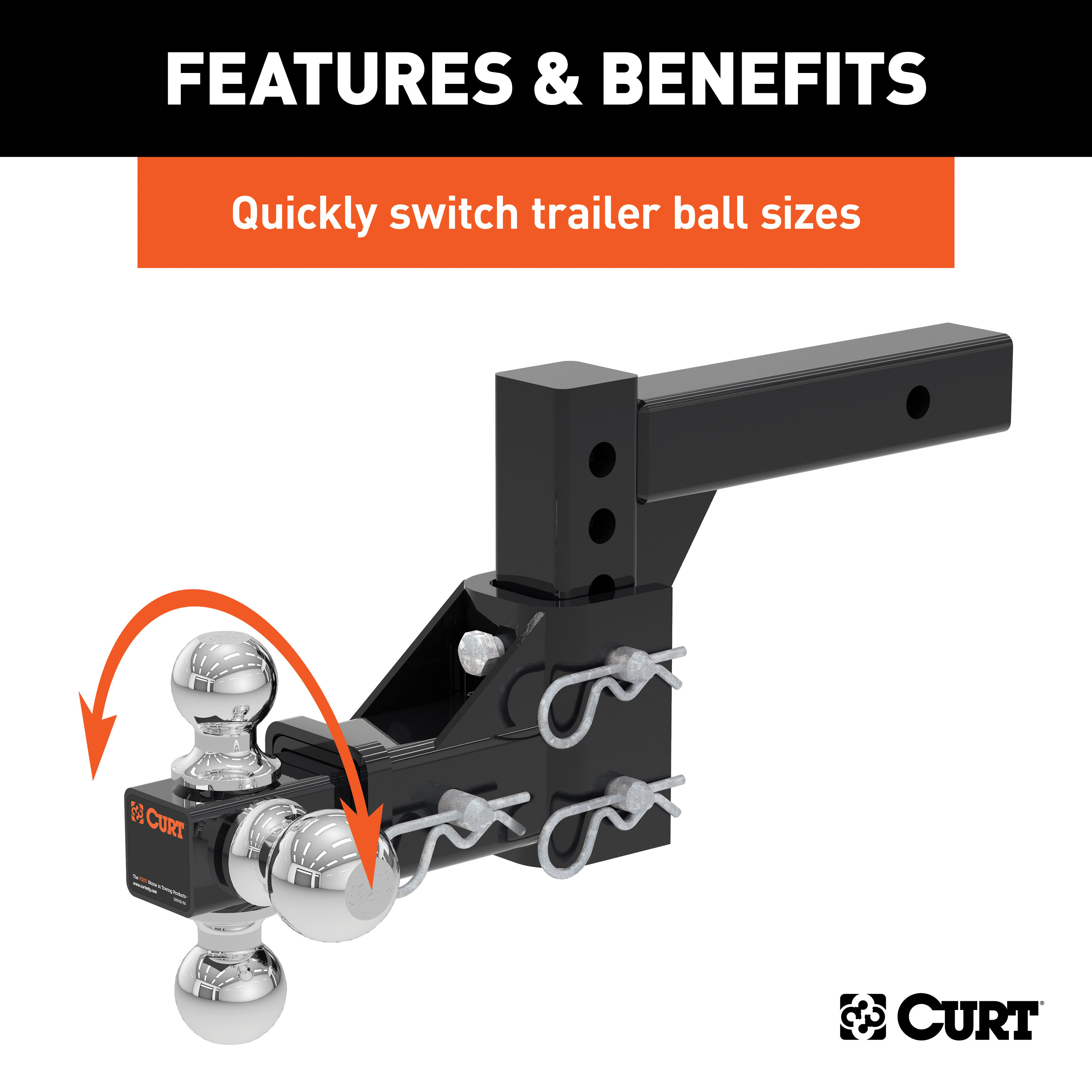 CURT Heavy-Duty 2" Adjustable Tri-Ball Mount & Channel Lock Set - 2-Piece Complete Bundle Kit thumbnail 4