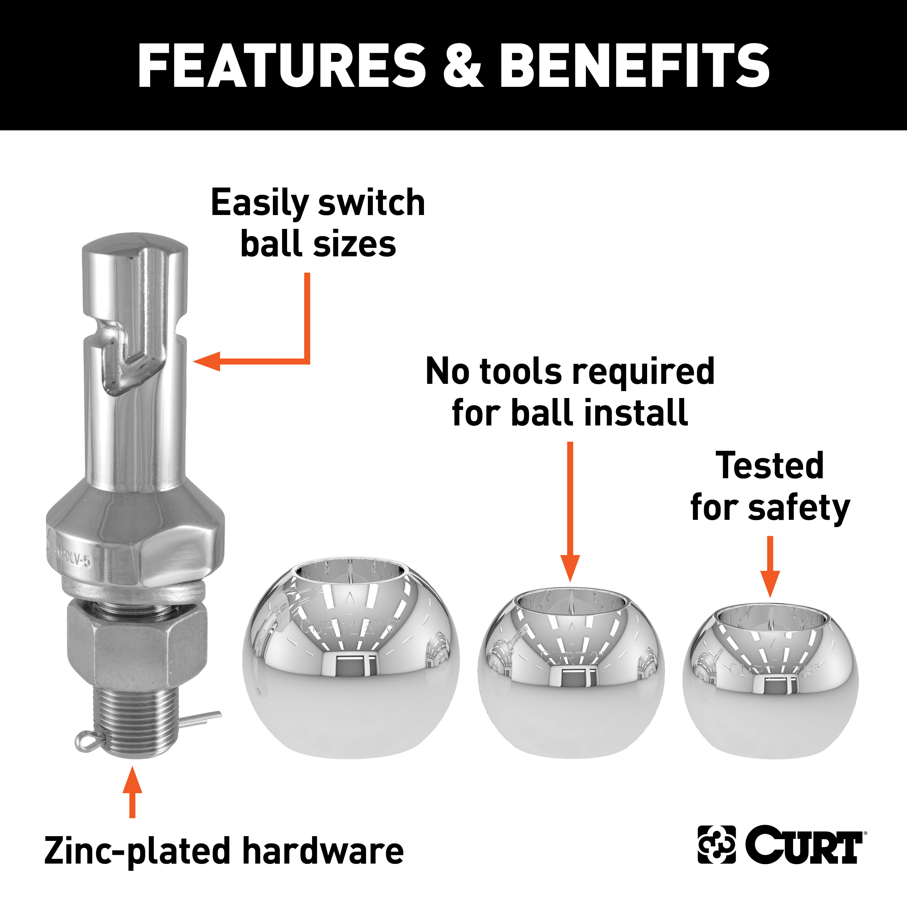 CURT 45027 Class 1 Trailer Hitch Ball Mount, Fits 1-1/4-Inch Receiver, 2,000 lbs, 3-1/4-Inch Drop, 2-5/8-Inch Rise with Switch Ball Trailer Ball (1-7/8", 2" & 2-5/16" Balls, 1" x 2-1/4" Shank) thumbnail 8