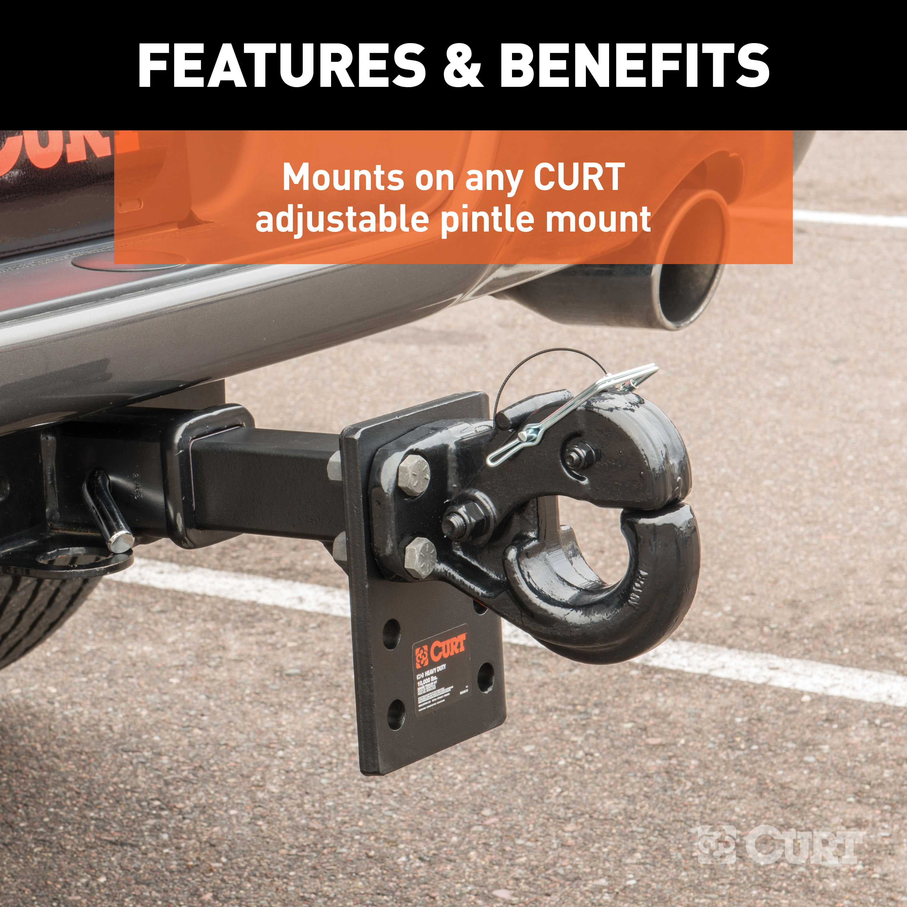 CURT 2" Shank, 17,000 lbs. Adjustable Pintle Mount (7-1/4" High, 6" Long) Trailer Hitch Pintle Hook Mount with 20,000 lbs. Pintle Hook & Lunette Rings thumbnail 7