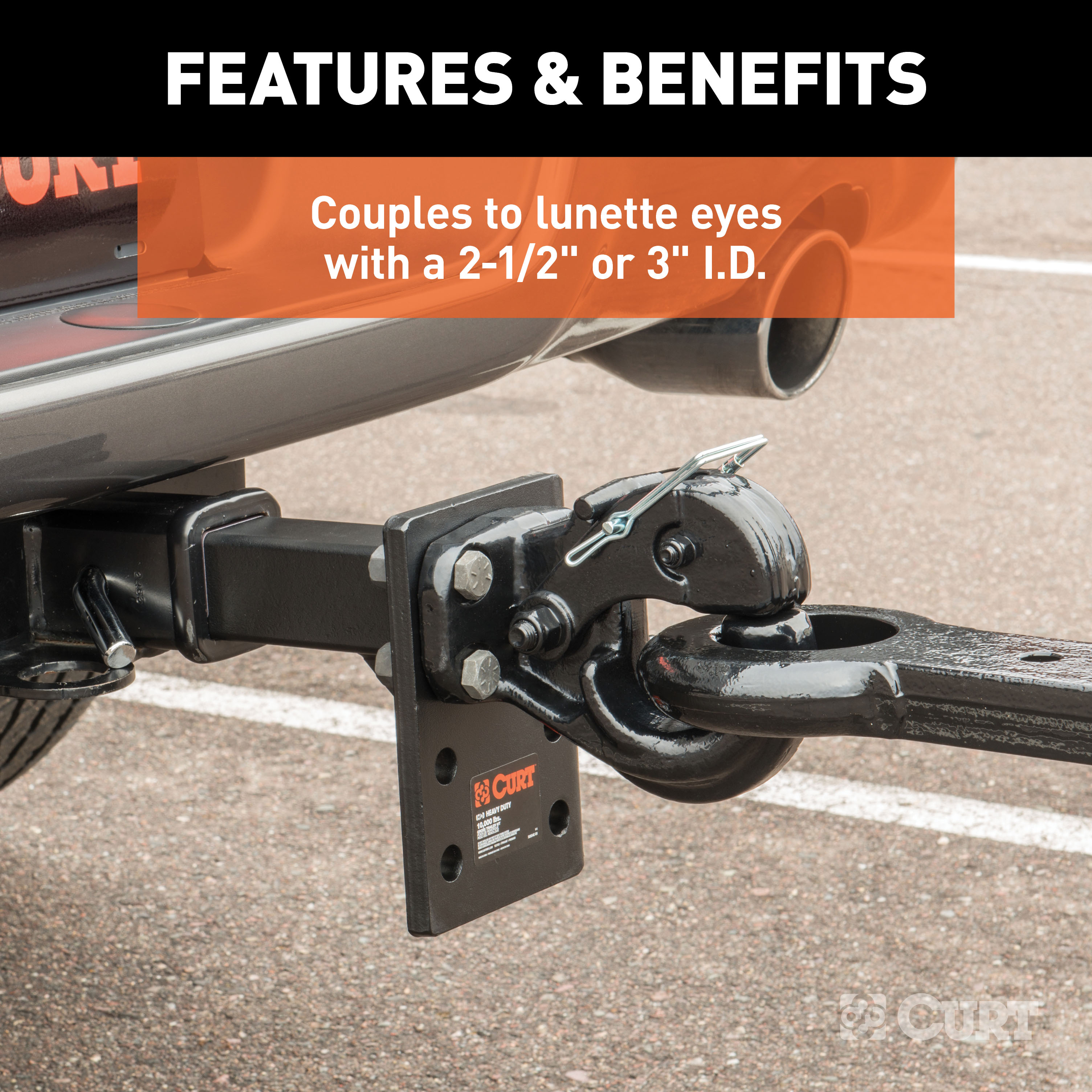 CURT 2" Shank, 17,000 lbs. Adjustable Pintle Mount (7-1/4" High, 6" Long) Trailer Hitch Pintle Hook Mount with 20,000 lbs. Pintle Hook & Lunette Rings thumbnail 8