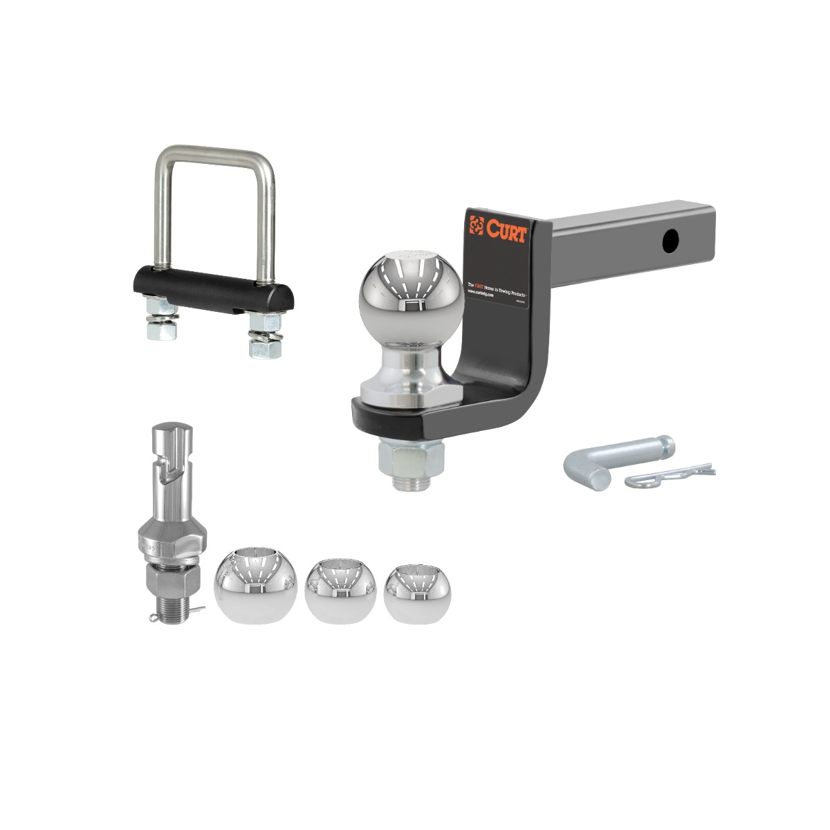 CURT 2" Ball (1-1/4" Shank, 3,500 lbs, 3-1/4" Drop) Trailer Hitch Ball Mount with Switch Ball Trailer Ball Set (1-7/8", 2" & 2-5/16" Balls, 1" x 2-1/4" Shank) & Anti-Rattle Hitch Clamp for 2" Receiver thumbnail 0