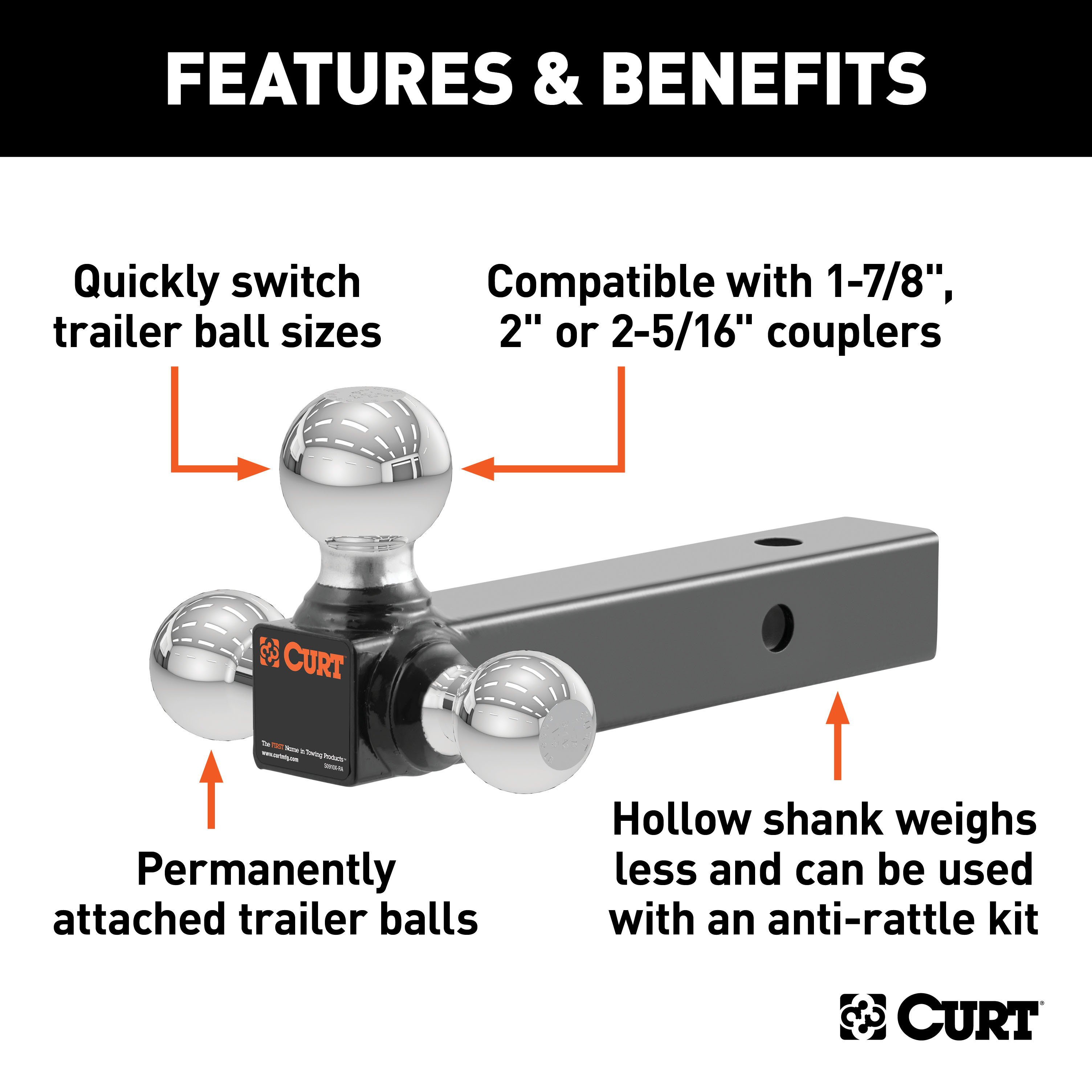 CURT 2" Hollow Shank Trailer Hitch Ball Mount with 1-7/8", 2" & 2-5/16" Chrome Balls & 5/8" Hitch Lock for 3" Receiver thumbnail 2