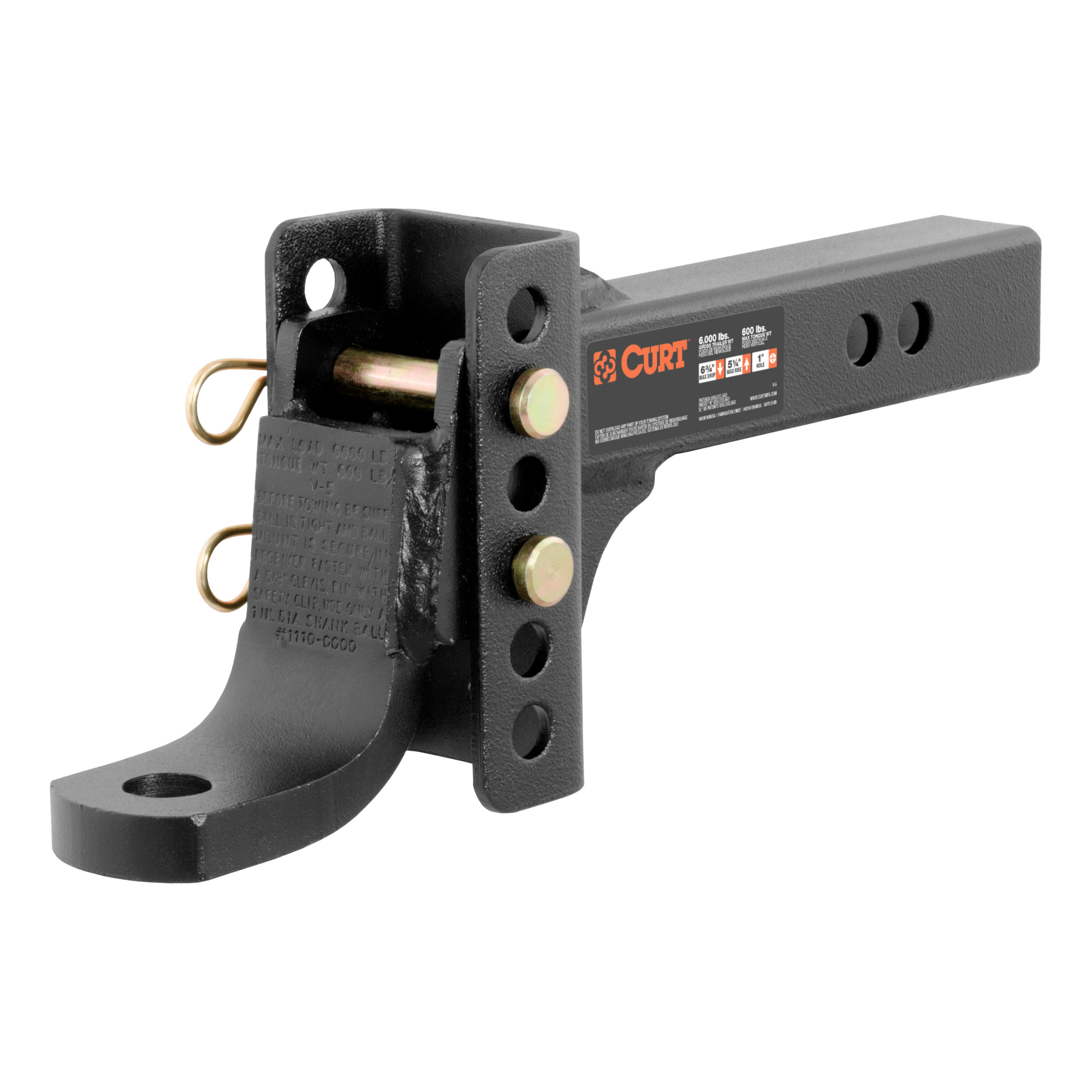 CURT 2" Shank, 6,000 lbs., 6-3/4" Drop Adjustable Channel Mount Trailer Hitch Ball Mount with 5/8" Diameter Channel Mount Lock & 1-7/8" Trailer Ball thumbnail 1