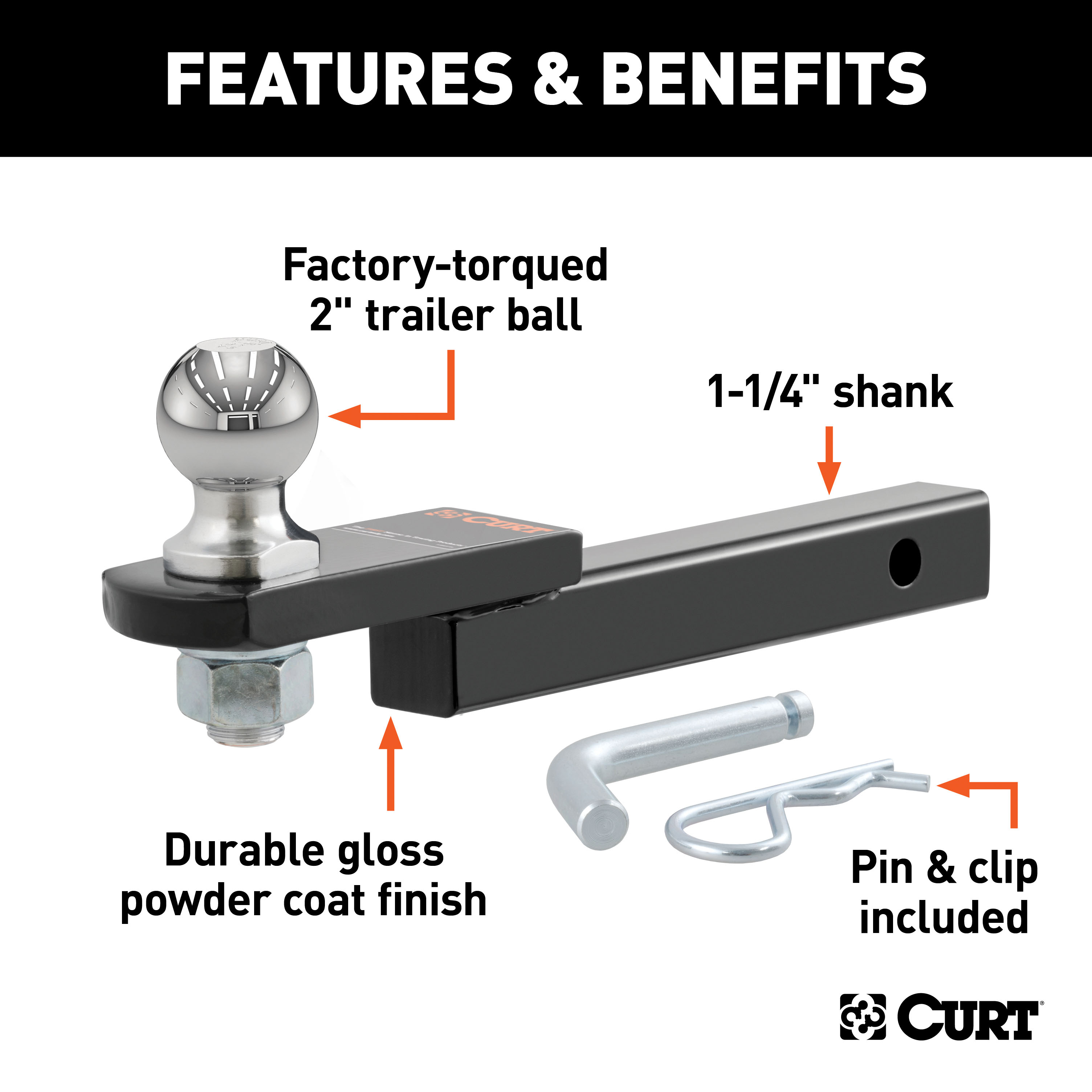 CURT 3,500 lbs 2" Ball (1-1/4" Shank, 3/4" Rise) Trailer Hitch Ball Mount with 5/8" Diameter Channel Mount Lock & Trailer Hitch Lock thumbnail 3