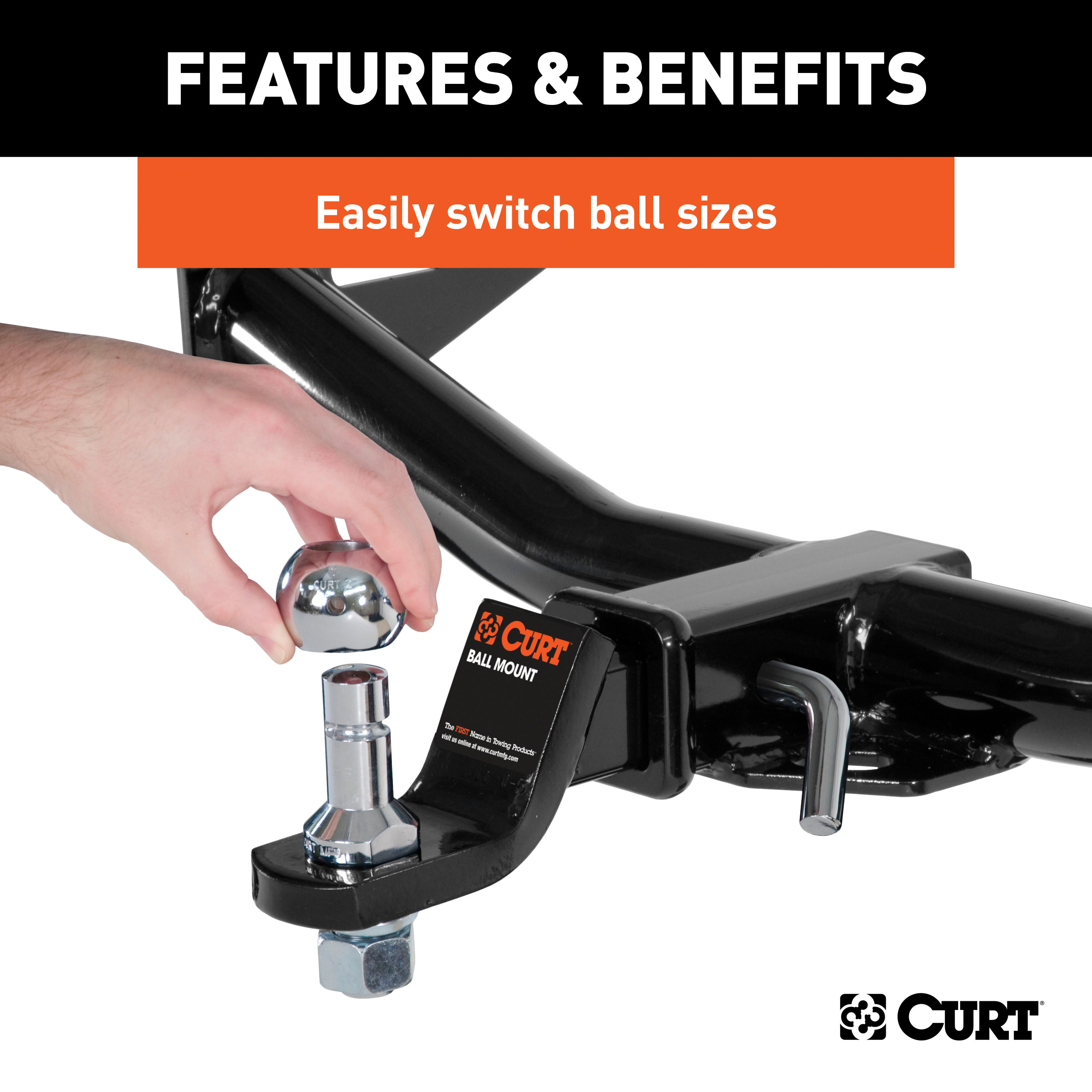 CURT Class 1 Ball Mount (1-1/4" Shank, 2,000 lbs, 1-1/4" Drop, 6-3/4" Long) Trailer Hitch Ball Mount with Switch Ball Trailer Ball (1-7/8", 2", 2-5/16") & 5/8" Hitch Lock (3" Receiver, Chrome) thumbnail 9