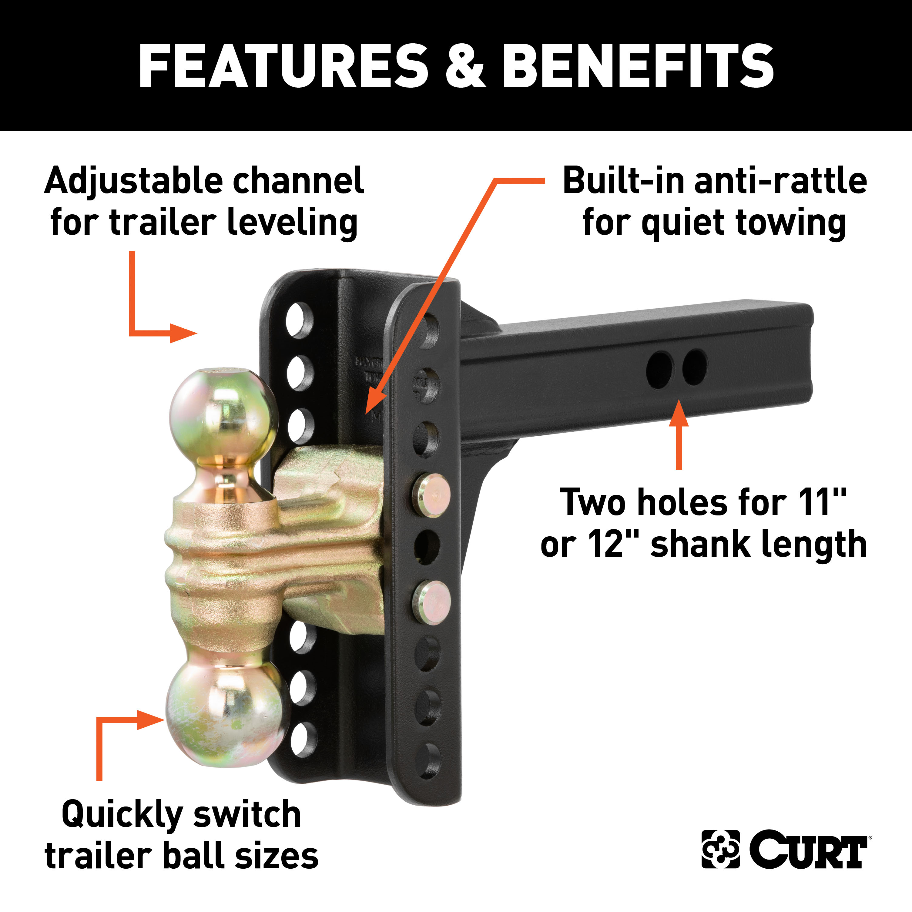 CURT 2" Shank, 14,000 lbs., 6" Drop Adjustable Channel Mount Trailer Hitch Ball Mount with 5/8" Hitch Lock & Chrome Receiver Lock thumbnail 3