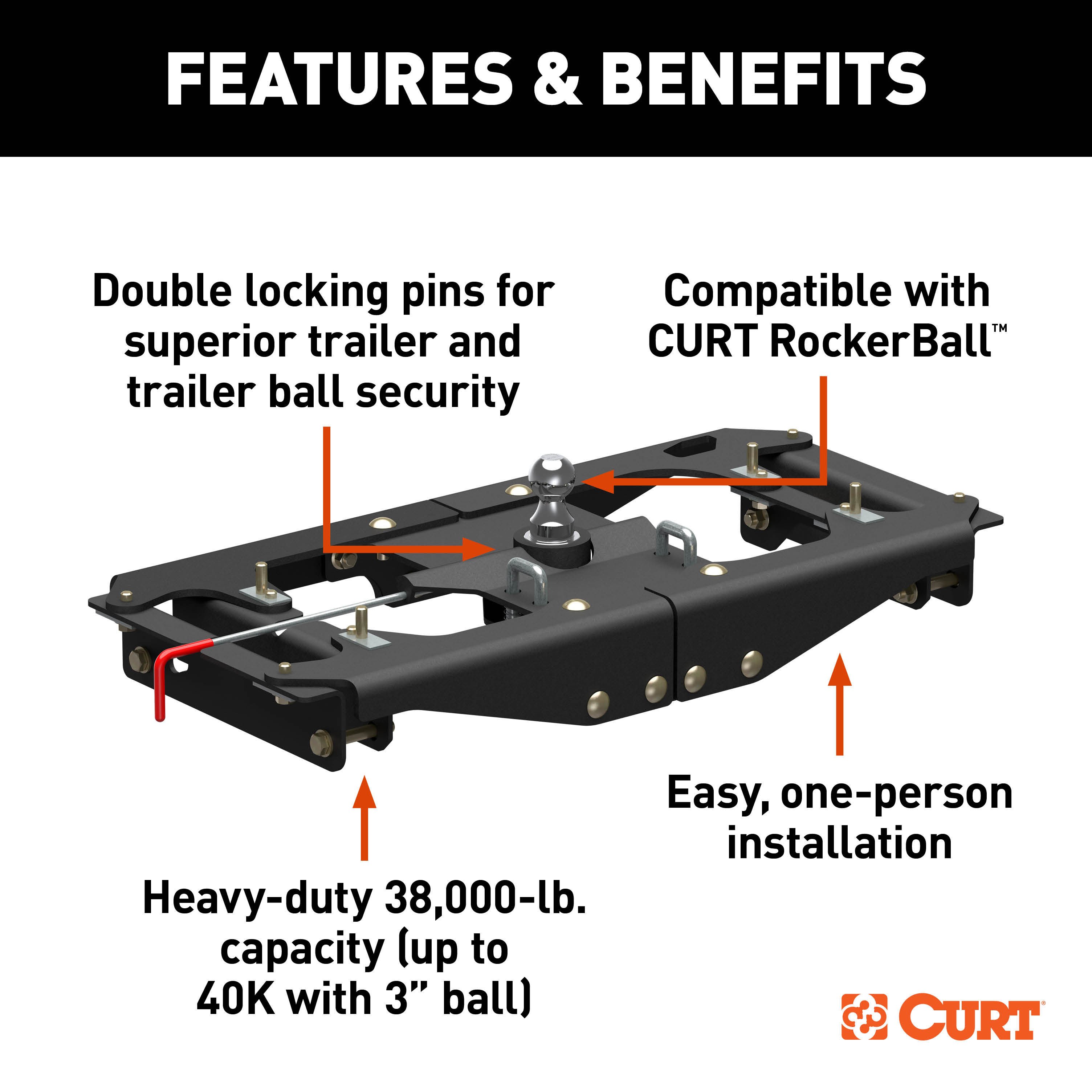 CURT 60703 38K  PowerHaul Double Lock Gooseneck Hitch for Ford F-250, F-350, F-450, 38K GTW, 9.5K Vertical Load thumbnail 10