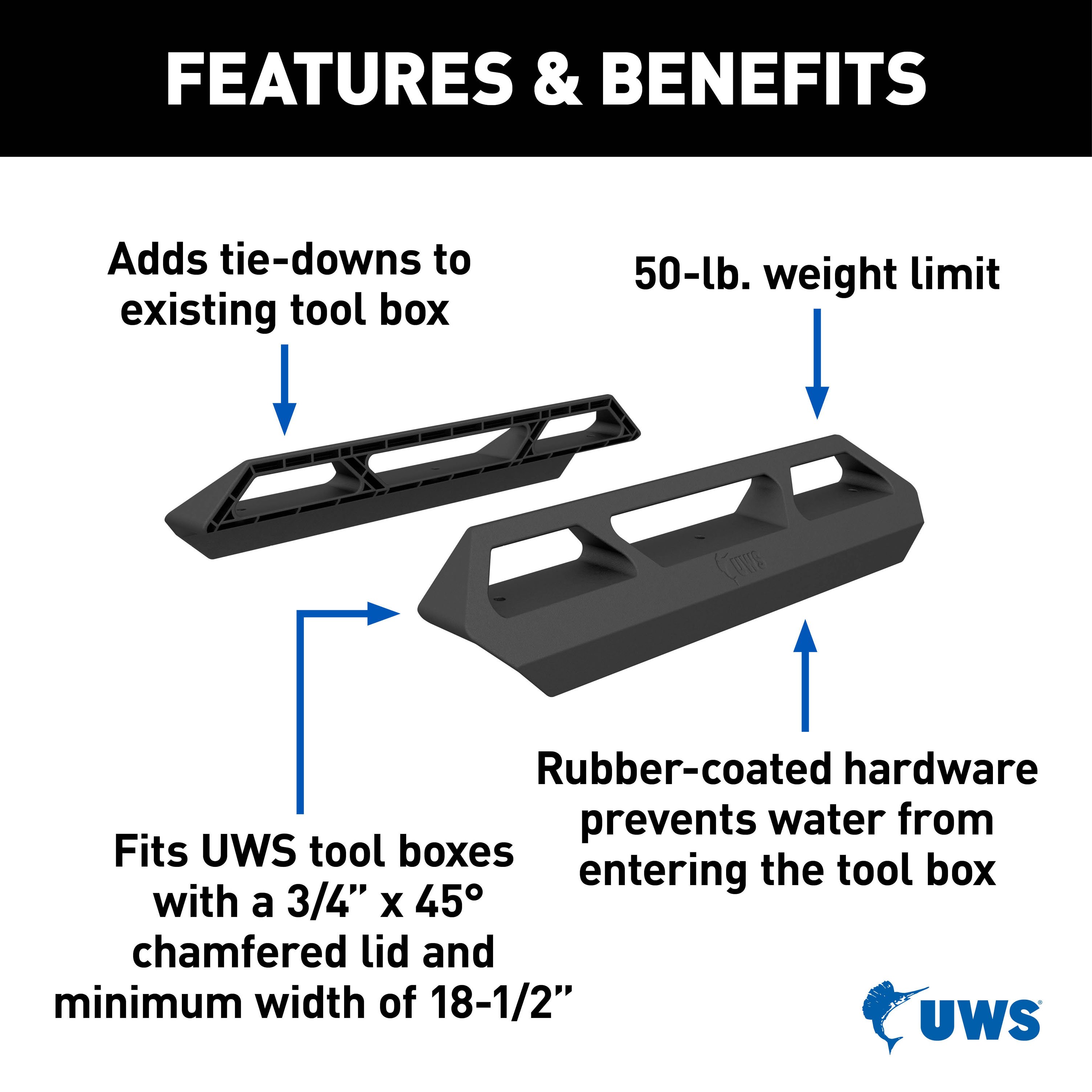 UWS Truck Tool Box Tie-Down Side Rails Kit, Black, Heavy-Duty Mounting Clamp System for Pickup Truck Bed Toolboxes, Fits UWS Boxes with 3/4" Chamfered Lid, Hardware Included – UWS-TBTD thumbnail 2