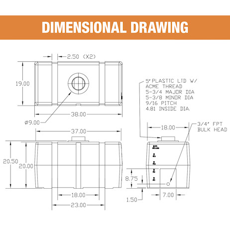 Buyers Products 50 Gallon, 38x19x22 Inch Square Storage Tank 550-82123919, Polyethylene, UV Resistant thumbnail 19