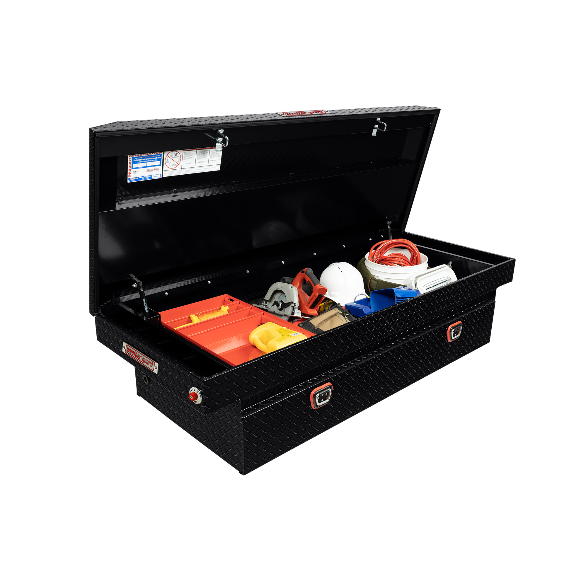 WEATHER GUARD 117-5-04 Aluminum Saddle Tool Box, 15.5 Cu Ft, Extra Wide, Gloss Black, Tamper Resistant Push Button Lock thumbnail 1