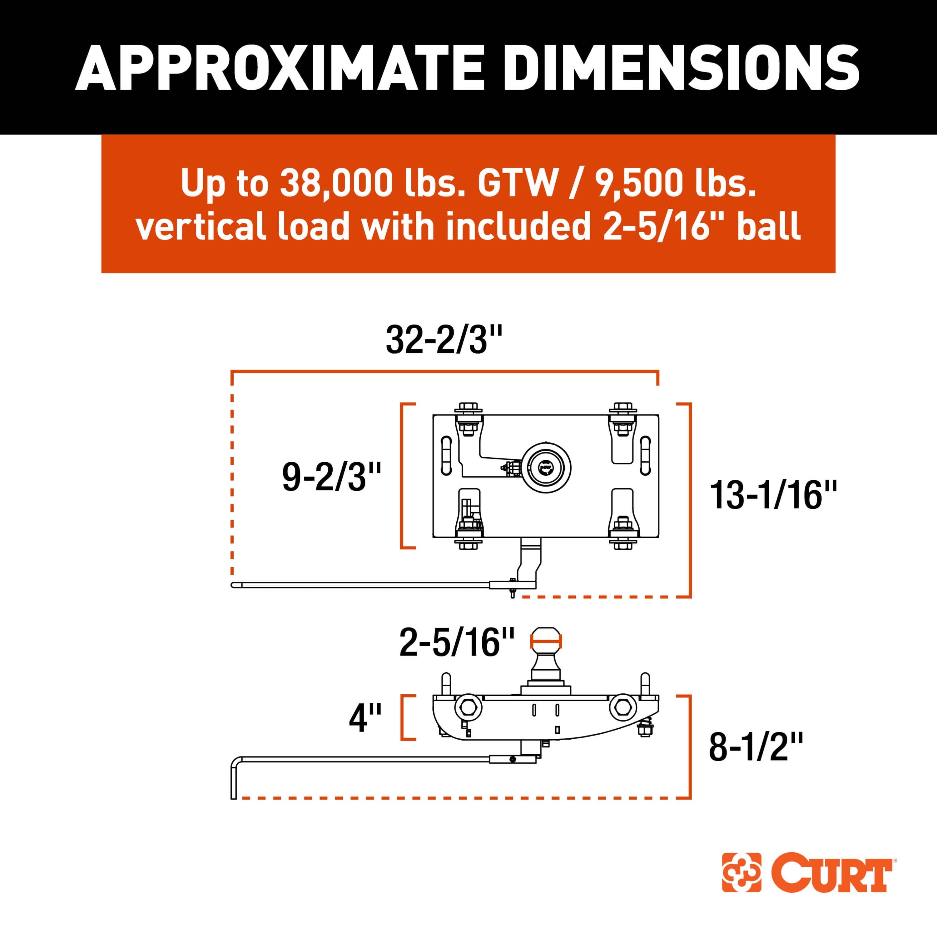 CURT 60705 38K GTW, 9.5K Vertical PowerHaul Double Lock Gooseneck Hitch, Fits Ram 2500/3500 thumbnail 1