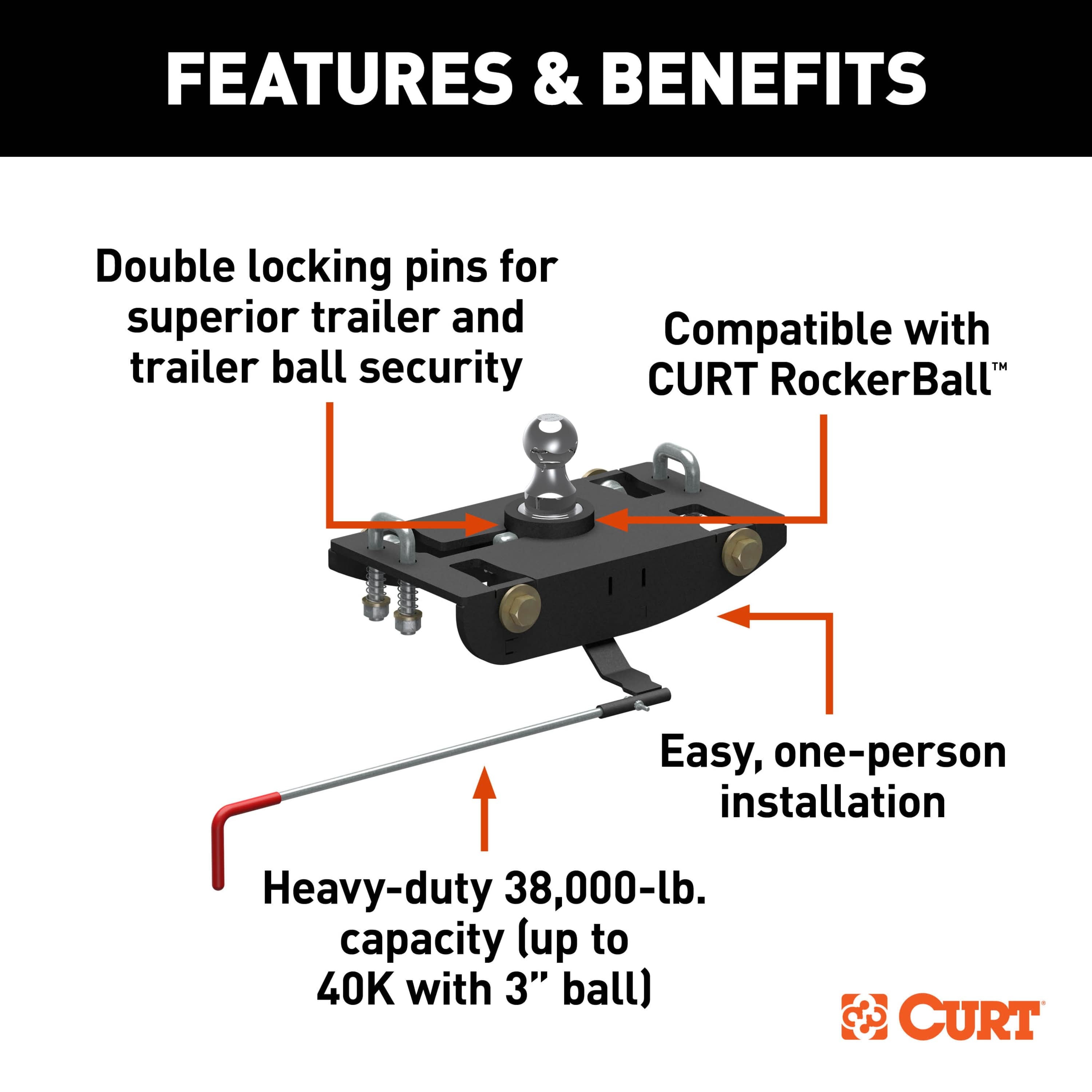CURT 60705 38K GTW, 9.5K Vertical PowerHaul Double Lock Gooseneck Hitch, Fits Ram 2500/3500 thumbnail 2