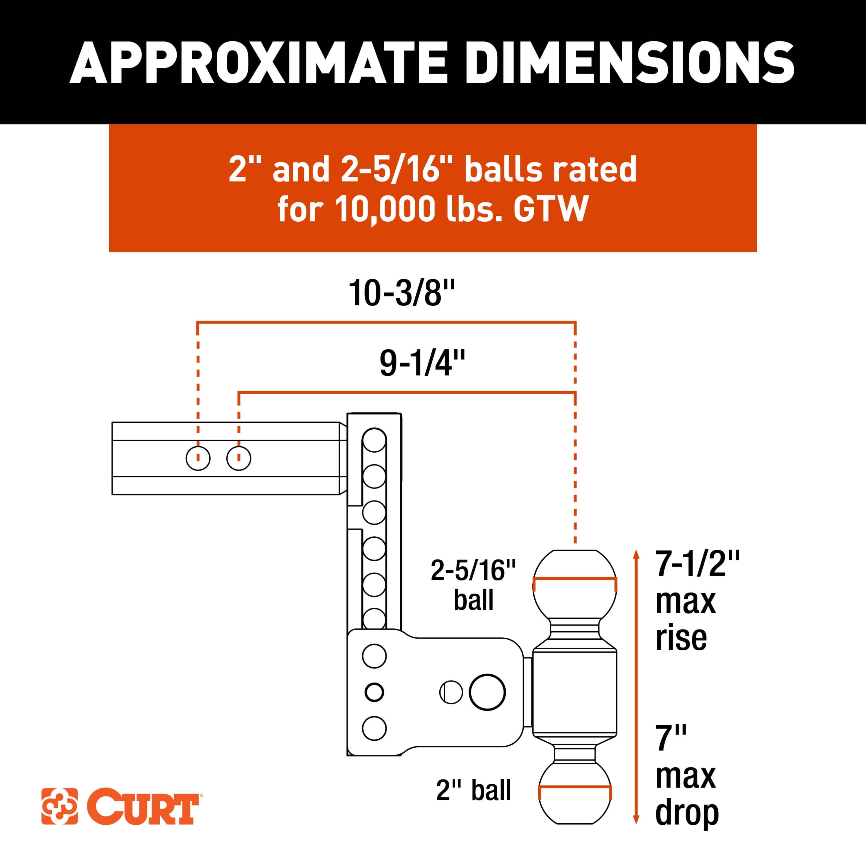 CURT 45962 StowPro 10K, 2" Shank, 7" Drop USA-Made Dual Ball Mount, Adjustable Height thumbnail 1