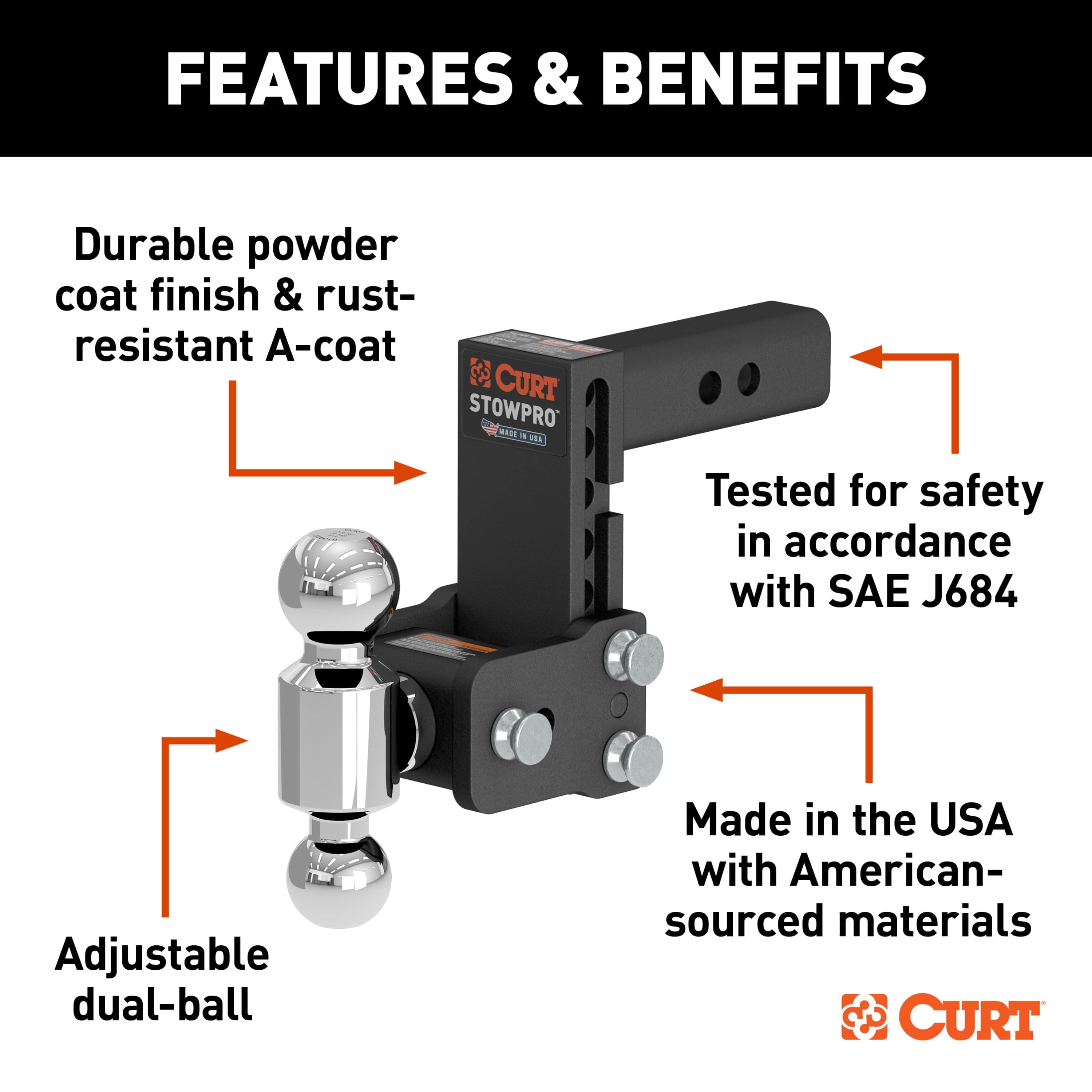 CURT 45961 StowPro USA-Made Ball Mount, 5" Drop, 2" Shank, Dual Ball thumbnail 2