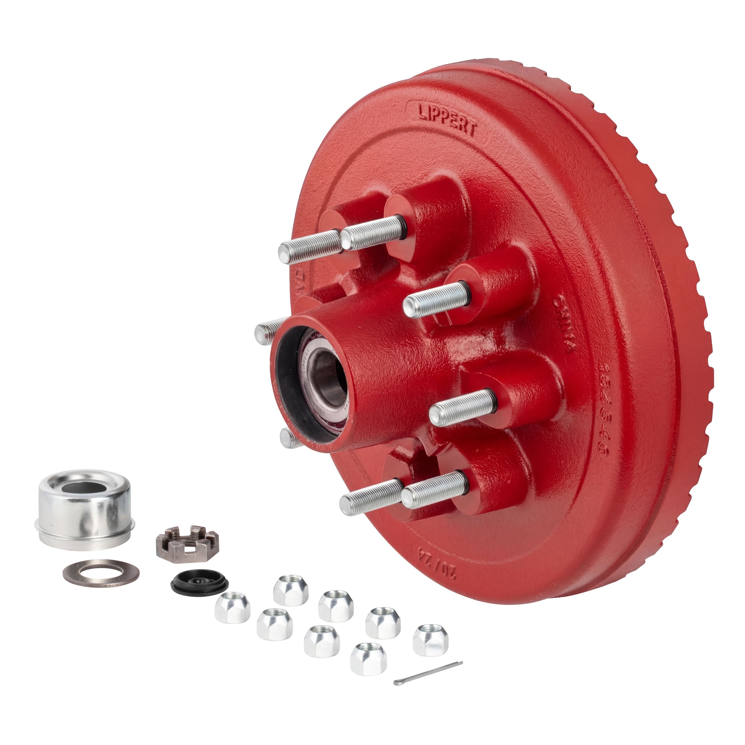 Lippert 2025077672 ABS 12" Red Brake Hub Kit, 7,000-lb Axles, 8 on 6-1/2" Bolt Pattern, 9/16" Studs, Pre-Greased Bearings thumbnail 1