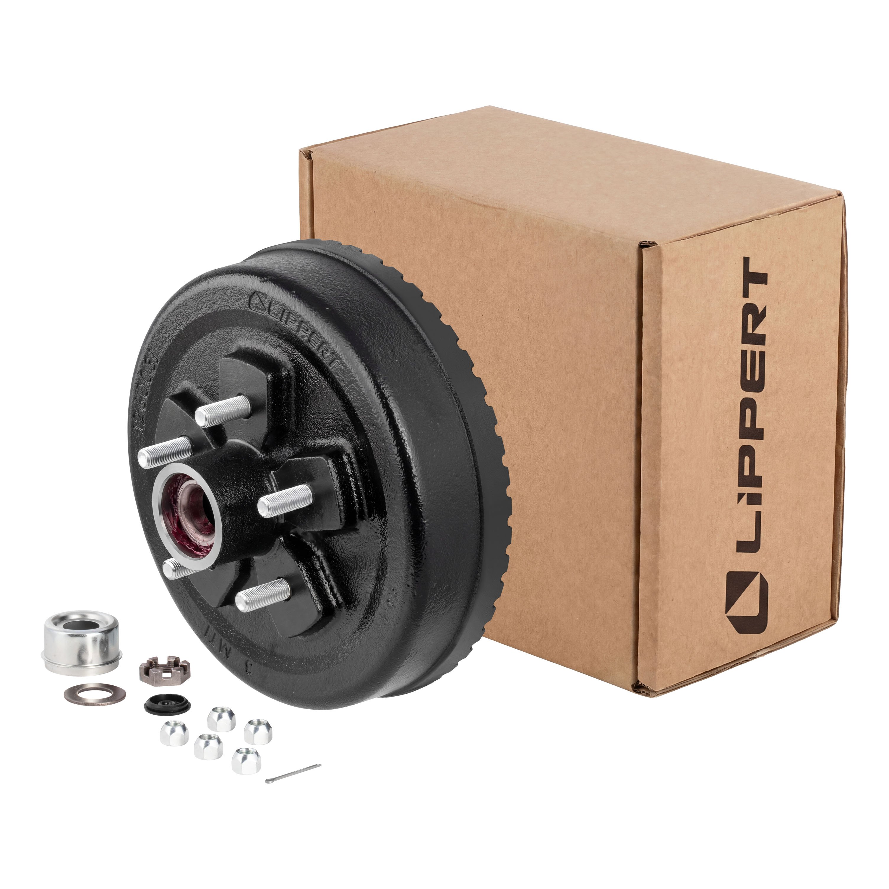 Lippert 2025077652 ABS 10" Black Brake Hub Kit, 3,500-lb Axle, 5 on 4-1/2" Bolt Pattern, 1/2" Stud, Pre-Greased Bearings thumbnail 0