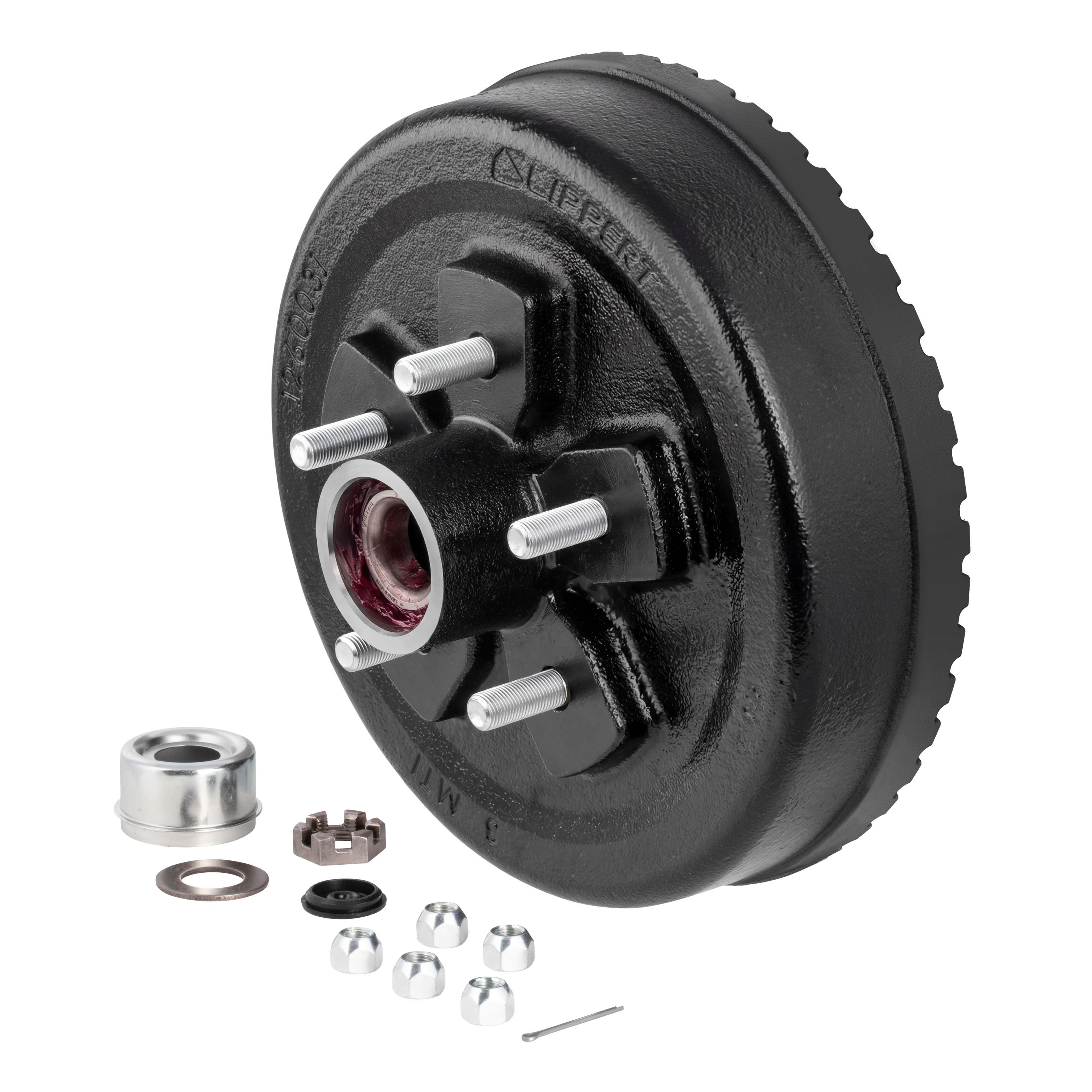 Lippert 2025077652 ABS 10" Black Brake Hub Kit, 3,500-lb Axle, 5 on 4-1/2" Bolt Pattern, 1/2" Stud, Pre-Greased Bearings thumbnail 1