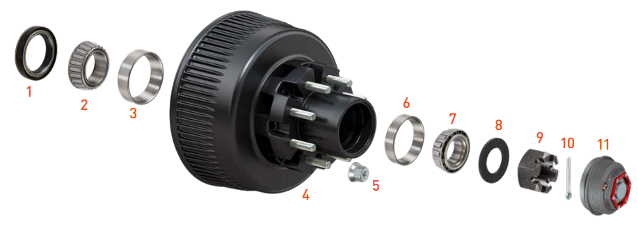 12,000 lb wheel end assembly showing massive components and unitized oil seal system