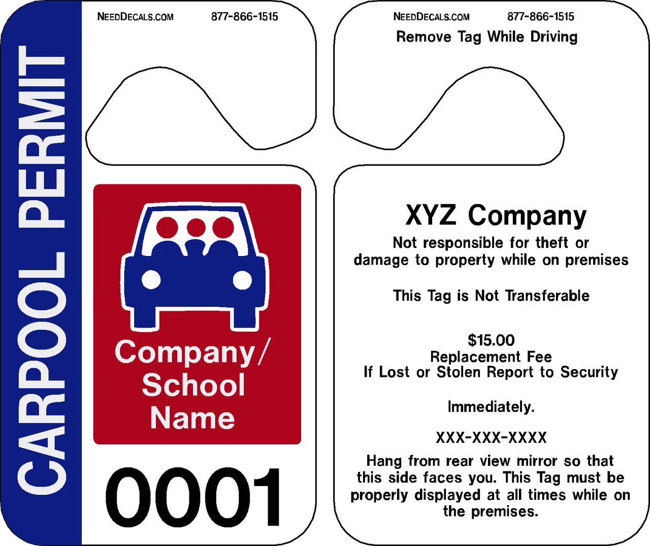 Car Rider Hang Tags 50 @ $3.10 to 2,500 @ $0.42 Free Numbering ...