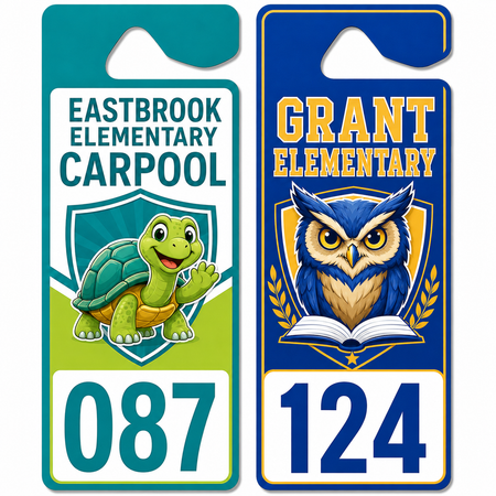 Giant #3645 - Car Rider Tags - Parent Pickup Tags showing the Blue Owl School Mascot and Cartoon Turtle School Mascot