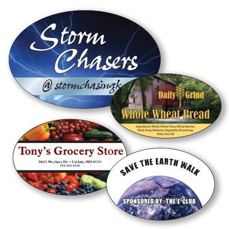 5" x 2.5" Full Color Custom Outdoor Oval Decals showing the package contents and included products