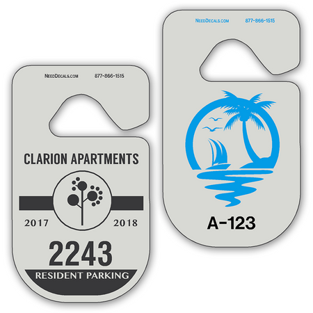 Hanging Parking Permits allow endless design possibilities and project a professional image. Available in over 30 Stock Ink Colors or unlimited custom colors. These durable Hanging Parking Permits are printed on heavy duty .035 inch material to give you the strongest parking permit available. Order today and get Free Setup, Free Numbering and Free Logo.
