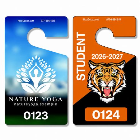 Vertical #3649 custom parking hang tags with yoga and 2026–2027 student design examples