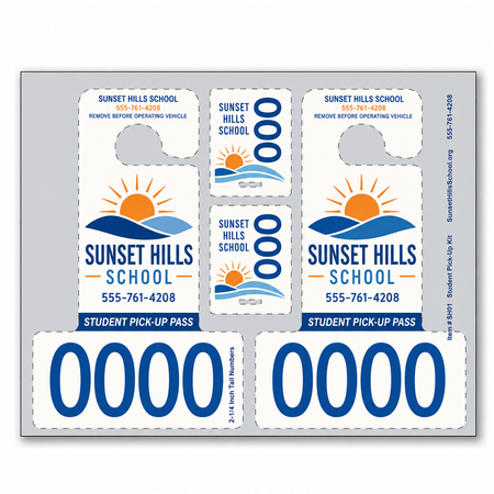 Sunset Hills #3655 parent pickup kit with two car rider hang tags and two end-slot backpack badges