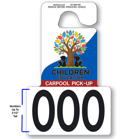 Custom numbered school pickup hang tags printed on premium .035 plastic with UV-treated front and back lamination for extreme durability and long-lasting color.