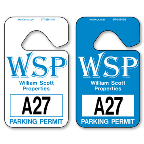 Custom Parking Hang Tags allow endless design possibilities and project a professional image. Available in over 30 Stock Ink Colors or unlimited custom colors. These durable Parking Hang Tags are printed on heavy duty .035 inch material to give you the strongest parking permit available. Order today and get Free Setup, Free Numbering and Free Logo.