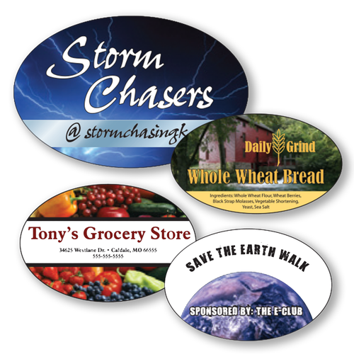 4" x 3.5" Full Color Custom Outdoor Oval Decals showing the package contents and included products