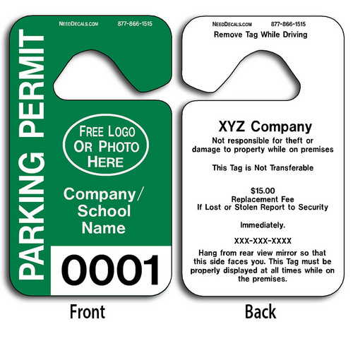 These durable Parking Hang Tags are UV laminated front and back to give you the strongest parking permit available. Order today and get Free Numbering and Free Back Printing.