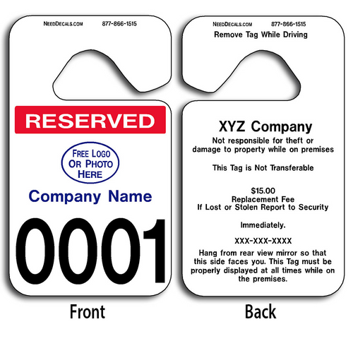 These durable Custom Reserved Parking Permit Hang Tags are UV laminated front and back to give you the strongest parking permit available. Order today and get Free Numbering and Free Back Printing. These Hang Tags measure are 2 3/4 x 4 3/4 inches.