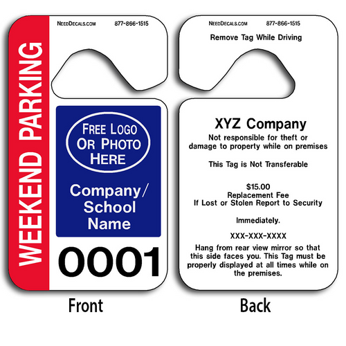 These durable Large Number Hang Tags are UV laminated front and back to give you the strongest parking permit available. Order today and get Free Numbering and Free Back Printing.