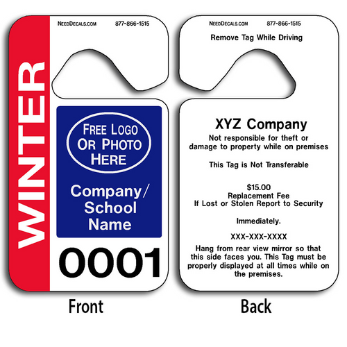These durable High School Parking Permits are UV laminated front and back to give you the strongest parking permit available. Order today and get Free Numbering and Free Back Printing. These Hang Tags measure are 2 3/4 x 4 3/4 inches.