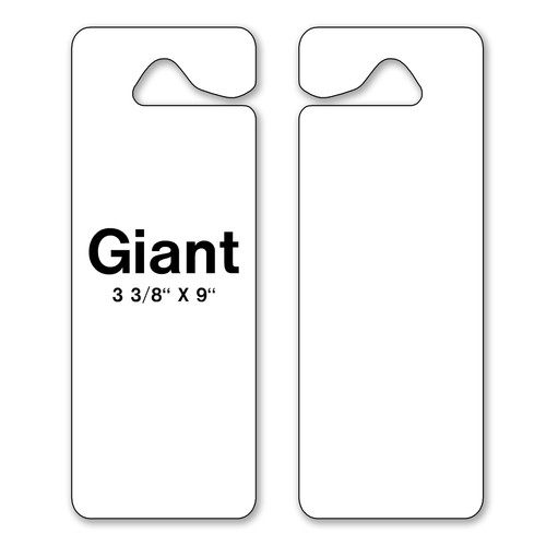 Front and back of a white Giant Blank stock hang tag