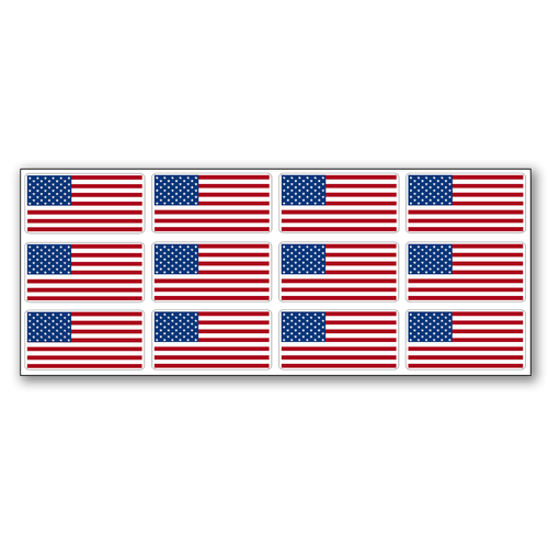 American Flag Sticker Sheets - 12 Flags per Sheet 1 x 2 inch shown in its full printed sheet layout
