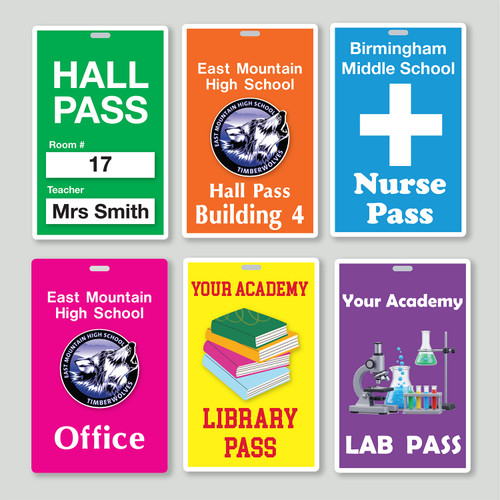Create custom hall passes for schools, classrooms, offices, restrooms, libraries, and nurse stations. Durable printed student hall passes from NeedDecals.