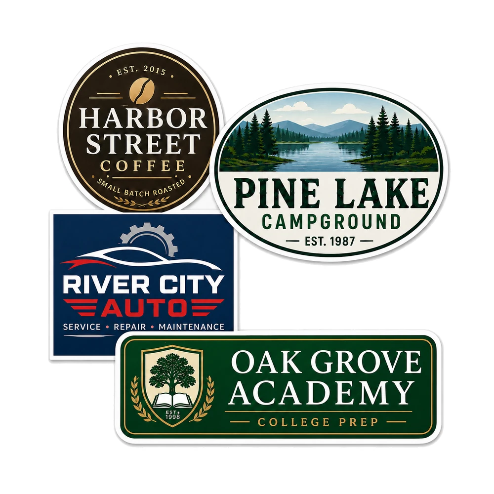Four professional full-color custom decals in circle, oval, square and rounded-rectangle shapes