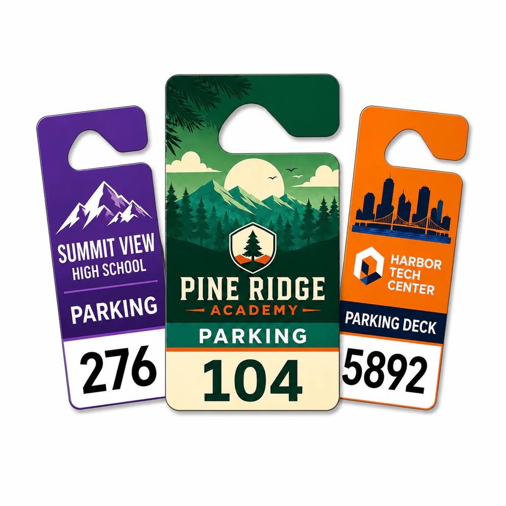 Three colorful custom parking hang tags led by the Standard 3647 shape