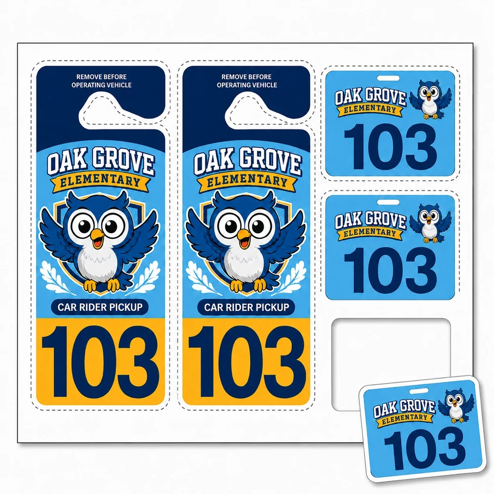 School pickup kit with two blue and yellow car rider hang tags and matching numbered badges