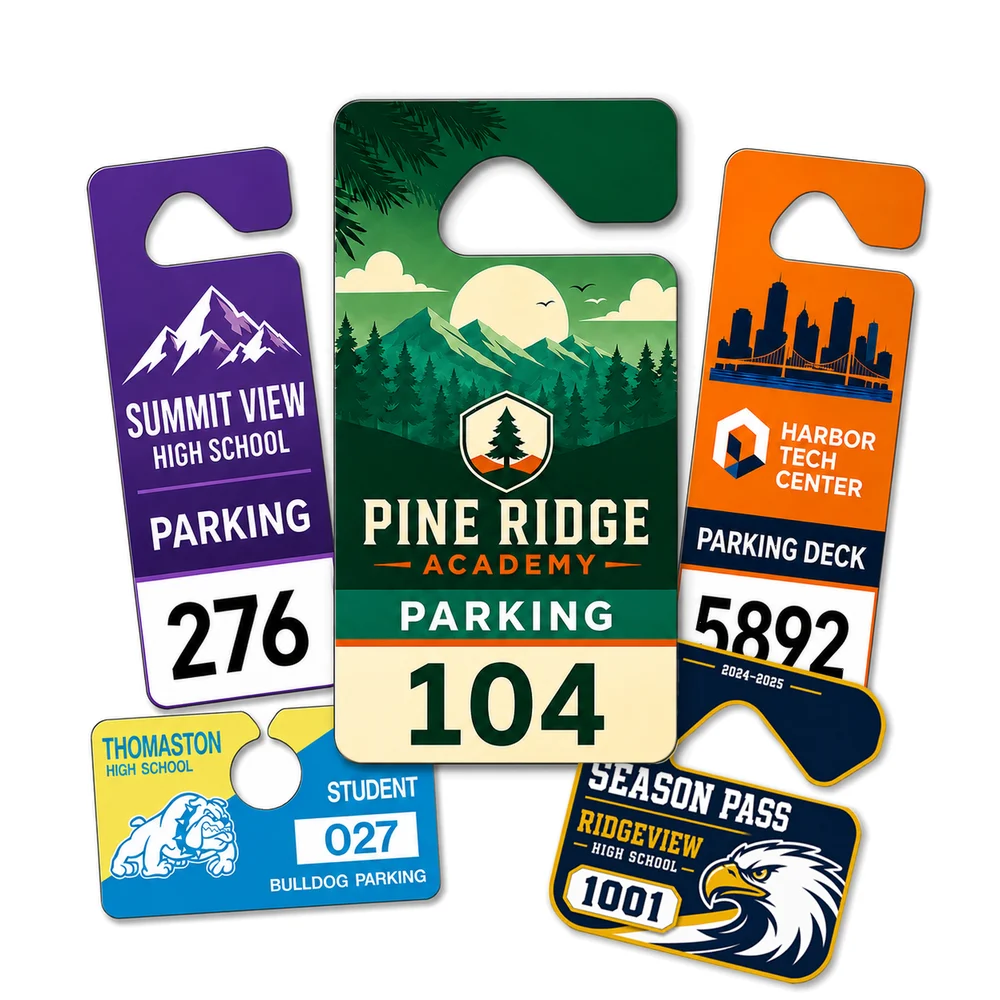 Five colorful custom parking hang tags in multiple shapes