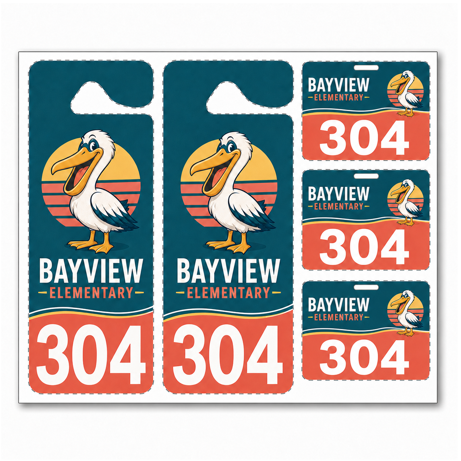 Custom school pick-up kit with two car rider hang tags and three matching backpack badges