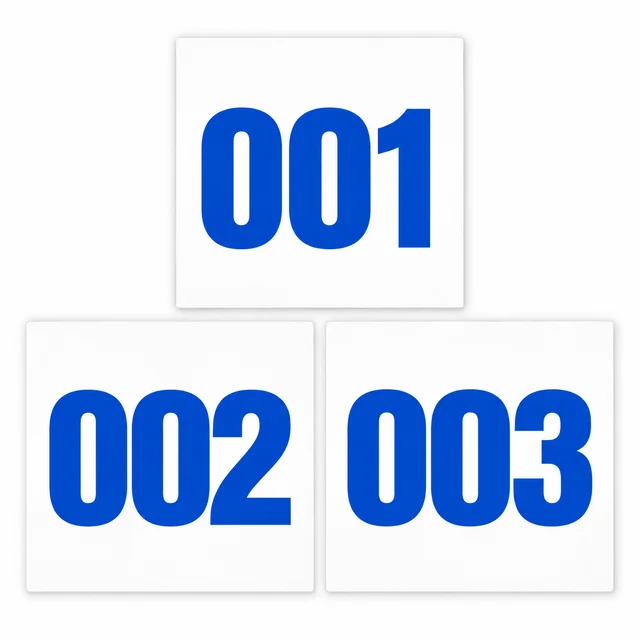 Illustrative square number decals showing the sequence 001, 002 and 003