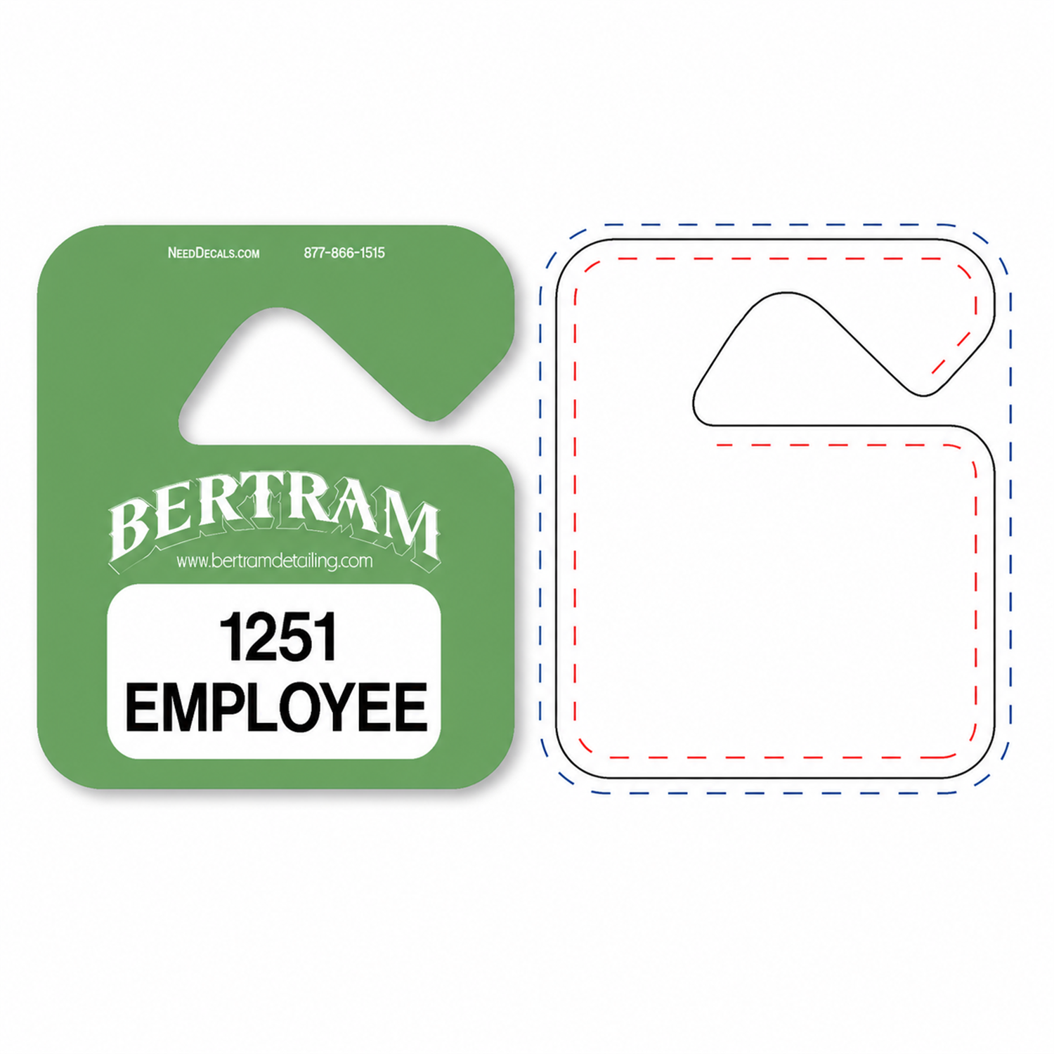 Finished Mini #3641 parking hang tag beside the blank downloadable design template