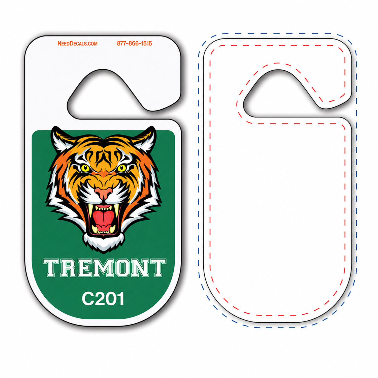 Finished Rounded #3644 parking hang tag beside the blank downloadable design template